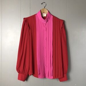 TUCKERNUCK SCARLET RED & HOT PINK PLEATED BUTTON FRONT BLOUSE WOMENS SIZE MEDIUM